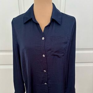 Alex & Lili Navy Blue Dressy Button Down Blouse w/ Rhinestone Buttons – Size M